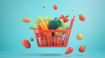 Poster - Colorful produce floating in a red shopping basket.