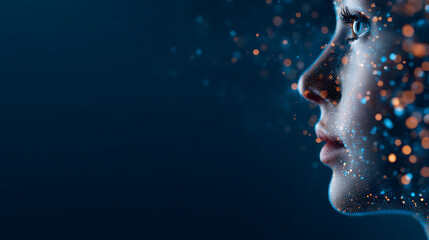 Aufkleber - Abstract digital illustration of a human profile composed of glowing blue particles on a dark background. 83088483 3