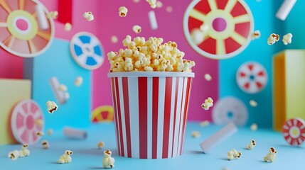 Poster - Colorful popcorn container with flying kernels in a playful scene.