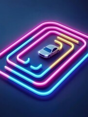 Poster - Futuristic Car in Neon Light Circuit on Dark Background