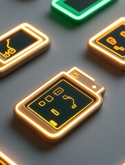 Poster - Neon Battery Icons with Circuit Designs on Dark Background