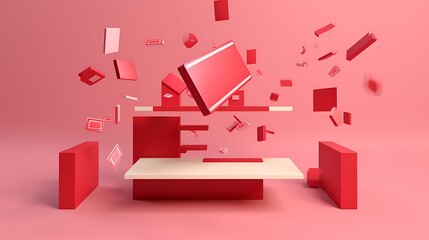 Poster - Abstract 3D Composition of Floating Red Shapes on Pink Background