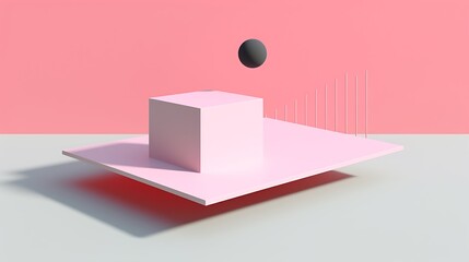 Poster - Abstract geometric composition with cube, sphere, and lines in pink