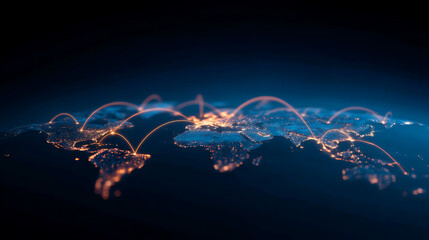 Aufkleber - Glowing digital world map with neon blue light orbit lines on dark technology background illustrating global connection concept. 96213937 2