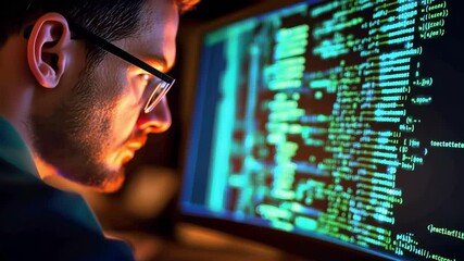 Man looks at code on a computer screen in a dimly lit room