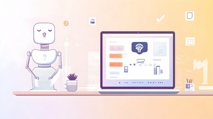 Poster - Modern Desktop Setup with Robot Assistant and Laptop Displaying Data