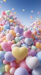 Poster - Abundance of Pastel Hearts and Spheres Floating Upward in a Dreamy Sky Background Celebration of Love