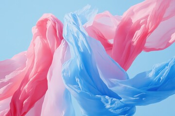 Poster - Abstract Sheer Fabric Flowing in the Wind Against Blue Sky Background Low Angle Shot Soft Colors