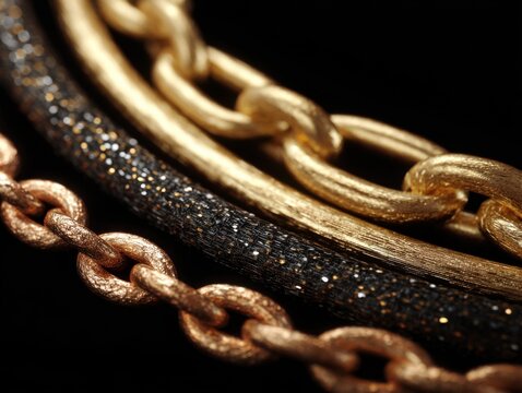 Close up of gold chains in varying textures and colors on a black background for jewelry or fashion concept macro shot