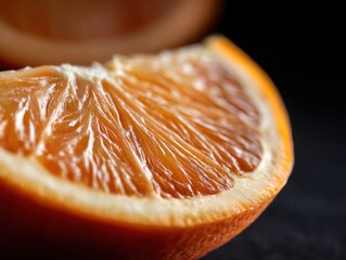 Poster - Close up of orange slice showing juicy segments and rind on dark background studio shot macro photography