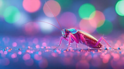 Poster - Colorful Cockroach Crawling on Surface with Bokeh Background Macro Shot Studio Lighting Artistic Insect
