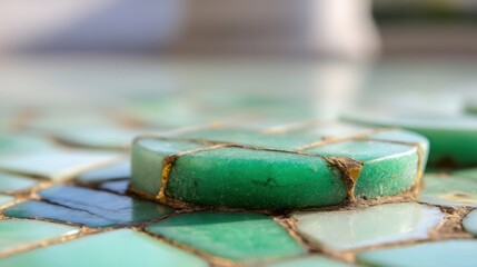Poster - Close up of green mosaic tile surface with round tile accents in shallow focus at outdoor location