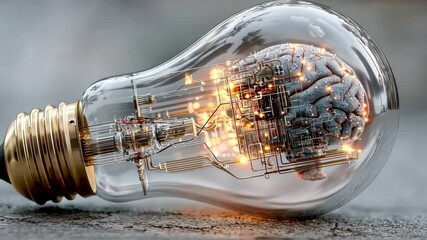 Poster - Transparent light bulb containing a human brain and intricate circuit elements, glowing with orange lights, symbolizing a fusion of ideas and technology