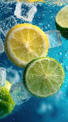 Poster - Lemon and Lime Slices Floating in Water with Ice Cubes Refreshing Close Up Studio Shot
