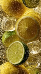 Poster - Refreshing citrus slices in sparkling water with ice cubes close up macro shot for summer drink concept