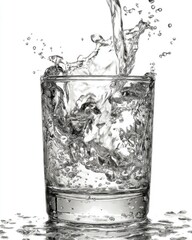 Poster - Water pouring into glass with splashing effect on white background close up studio shot refreshment concept
