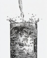 Poster - Water pouring into glass with splash and bubbles studio shot on white background close up refreshment