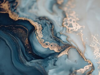 Poster - Abstract Fluid Art Close Up View of Blue and Gold Ink Swirls in Motion for Background or Texture