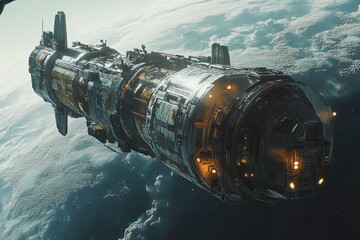Wall Mural - futuristic space station in deep space. sci-fi wallpaper. planet background.