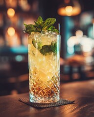 Poster - Refreshing mojito cocktail served in a textured glass at a bar close up shot with mint garnish and straw