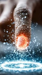 Poster - Finger touching glowing health icon on digital surface, emitting sparks and light