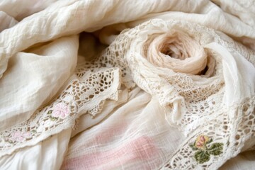 Poster - Close-up of Delicate Vintage Lace and Soft Fabric Folds in Neutral Tones, Soft Lighting, Overhead Shot, Textile Art, Elegant Design