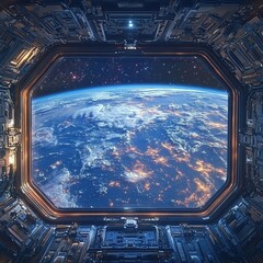 Wall Mural - view from the window to the planet earth from the space station. large window. 3d rendering