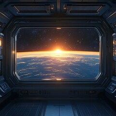 Wall Mural - view from the window to the planet earth from the space station. large window. 3d rendering