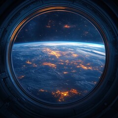 Wall Mural - view from the window to the planet earth from the space station. large window. 3d rendering