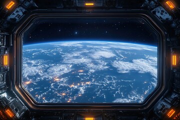 Wall Mural - view from the window to the planet earth from the space station. large window. 3d rendering