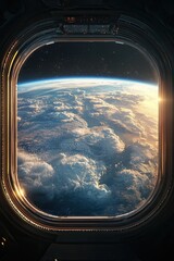 Wall Mural - view from the window to the planet earth from the space station. large window. 3d rendering