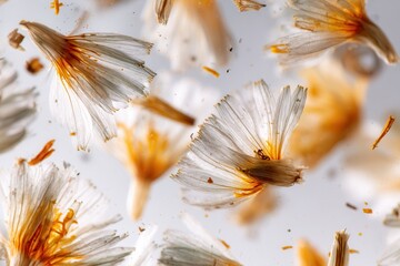 Poster - Abstract floral art: delicate white petals with warm orange accents floating in a serene, minimalist arrangement. Artistic close-up shot.