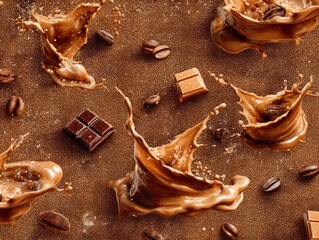 Poster - Chocolate and Coffee Bean Splash Art: Delicious Food Photography with Dynamic Motion, Brown Tones, and Artistic Composition, Studio Shot