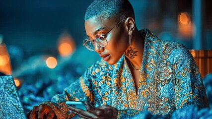 Poster - Woman with short hair and glasses working on a laptop at night, surrounded by soft warm lights