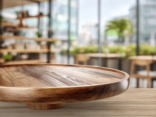Poster - Wooden tray on table in cafe setting product display mock up blurred background modern interior showcase