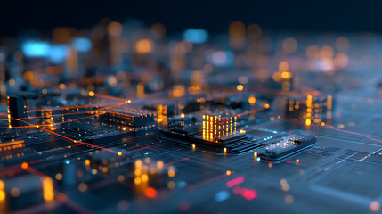 Fototapete - Futuristic digital interface showcasing glowing data metrics and network connections on a dark abstract background. 3D Rendering 45162498 1