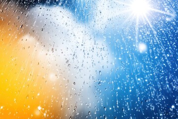 Poster - Raindrops on Glass with Sunlight and Blue Sky Abstract Background Close Up Shot
