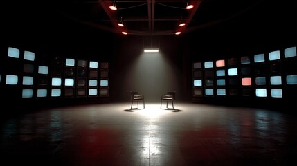 Aufkleber - A dimly lit room features two empty chairs bathed in light. Surrounding them are numerous vintage televisions emitting a soft glow. This setting creates a sense of mystery and anticipation. AI