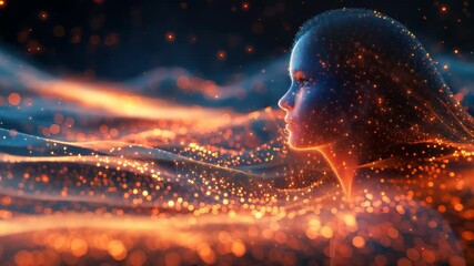 Poster - Surreal portrait of a female face emerging from glowing data particles and digital waves in space