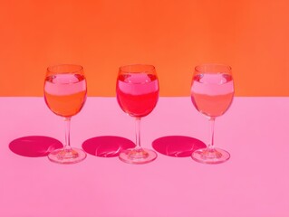 Poster - Three wine glasses filled with vibrant liquid casting shadows on a pink surface against an orange backdrop studio shot