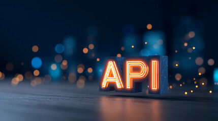 Aufkleber - Glowing API text with orange neon effect and digital bokeh particles on a dark background. 3D Rendering 26365471 4