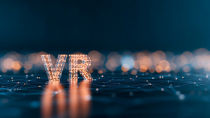 Fototapete - VR concept with glowing pixelated letters and connected network lines on a black digital background. 3D Rendering 71371073 3