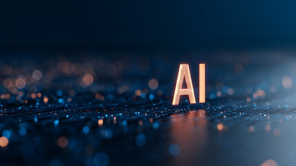Fototapete - AI digital technology design with glowing blue letters on a dark background featuring neural network connections and virtual bokeh effect. 3D Rendering 34409590 3