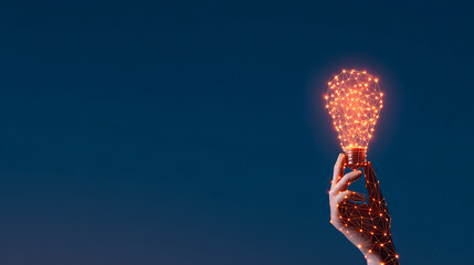 Aufkleber - Futuristic robotic hand holding glowing lightbulb made of digital lines with neural network connections on a dark blue cyberspace background. 3D Rendering 75781909 1