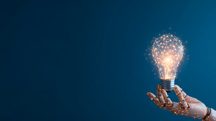 Aufkleber - Futuristic robotic hand holding glowing lightbulb made of digital lines with neural network connections on a dark blue cyberspace background. 3D Rendering 88598683 2