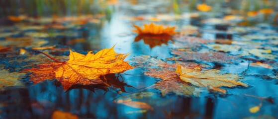 Poster - Autumn Maple Leaves Floating on Water Surface with Reflections in a Close Up View at a Park