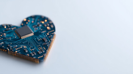 Fototapete - Heart-shaped circuit board with glowing blue digital lines on a white background. Concept of technology, cyberspace, and innovation. 3D Rendering. 92289747 2