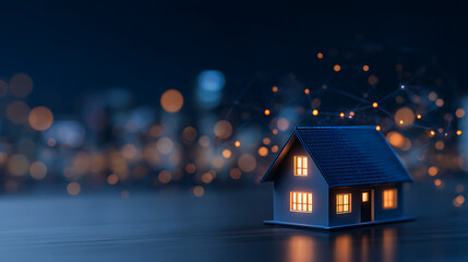Aufkleber - Digital house symbol with glowing blue particles and network connections on dark background. Concept of smart home and IoT. 3D Rendering 72774945 1