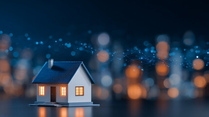 Aufkleber - Digital house symbol with glowing blue particles and network connections on dark background. Concept of smart home and IoT. 3D Rendering 35848627 3