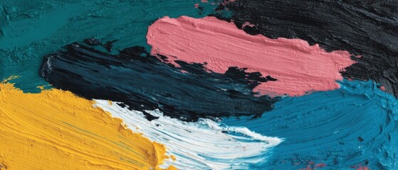 Poster - Abstract Oil Paint Strokes Close Up View Bold Colors Texture Rich Impasto Style Yellow Teal Pink Black White